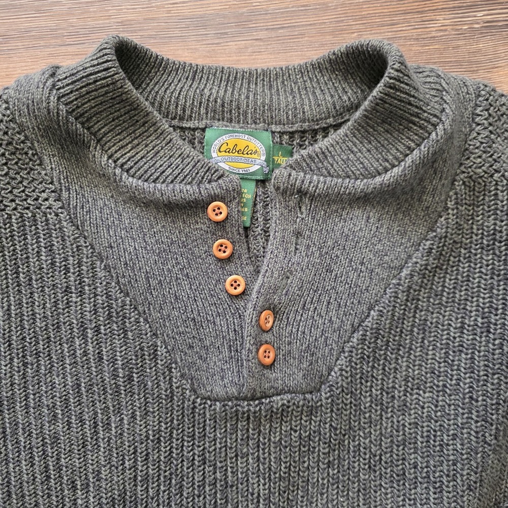 VTG Cabela's Fisherman Chunky Knit Gray Henley 100% Cotton 4 Button Sweater LT